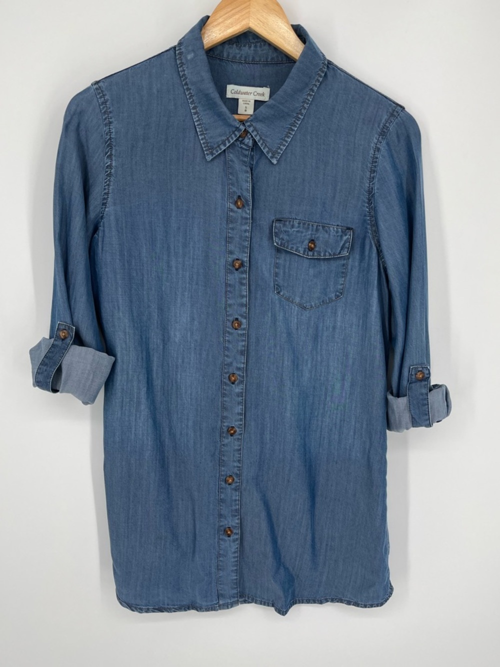 Coldwater Creek Lyocell Chambray Long Sleeve Roll Tab Shirt Women’s Size Small